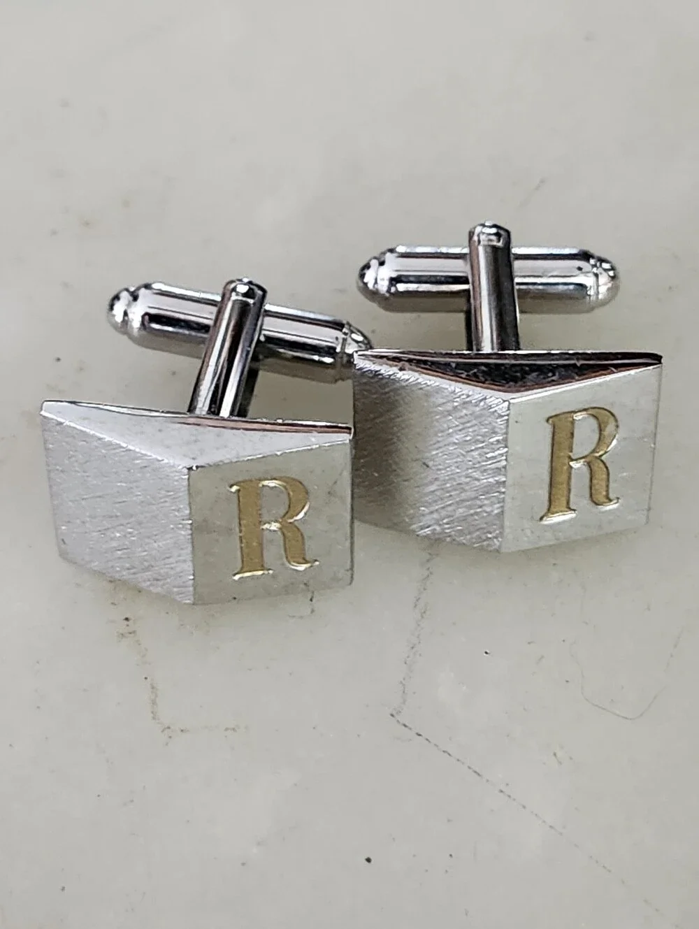 Vtg Silver and Gold Toned 'R' Monogram Cufflinks